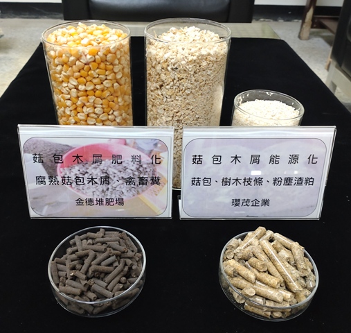 圖2_香菇木屑回收再製有機質複合肥料(左)及玉米渣粕壓制生質燃燒粒(右)。