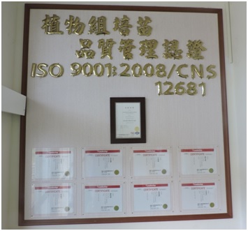 The TSIPS Tissue Culture Lab introduced the International Organization for Standardization (ISO 9001:2008) system, and received the qualified certification from Taiwan Accreditation Foundation (TAF).