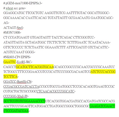 On June 7, 2019, genetically engineered (GE) wheat plants were detected on the field in Washington State. After investigated, the GE wheat plants in question were identified as MON 71300 and MON 71800 developed by Monsanto (now owned by Bayer CropScience). Because these two lines were not commercial sold on market, we constructed reference plasmid DNA by gene synthesis method.